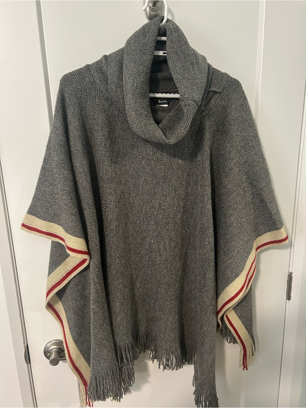 Roots Gray Poncho Sweater with Cream and Red Stripe Trim